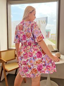 SHEIN Unity Plus Allover Floral Print Knot Front Shirred Ruffle Trim Dress - Multicolor - View 2