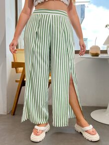 Plus Striped Wrap Hem Wide Leg Trousers - Multicolor - View 1
