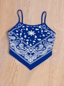 SHEIN Holidaya 佩斯利印花手帕下擺吊帶上衣 - 藍色 - 查看 4