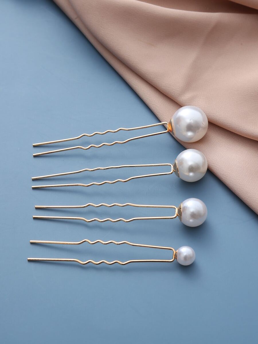 4 Kẹp Tóc Cô Dâu Trang Trí Ngọc Trai Faux - Vàng - Xem 1