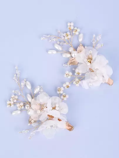 2 件装人造珍珠和花朵装饰新娘发夹波西米亚风情人节