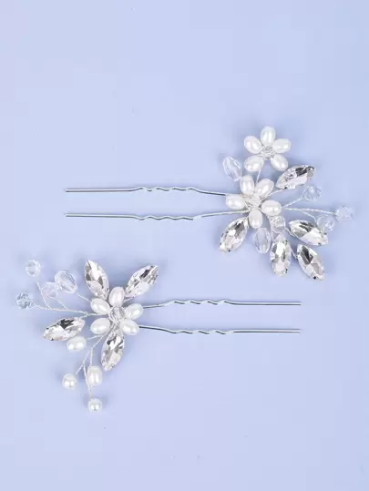 2入組女性優雅珍珠髮夾，配有浪漫的紫色水晶裝飾，充滿激情的粉色新娘頭飾婚禮髮飾頭飾