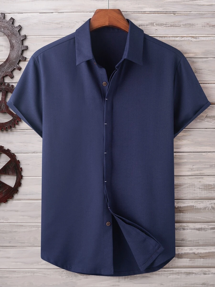 Manfinity Homme Áo sơ mi Nam Nút phía trước màu trơn Cơ bản - Màu xanh hải quân - Xem 1