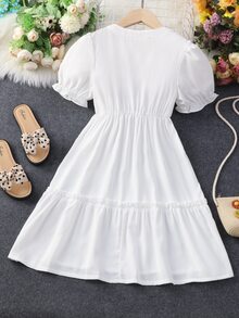 Girls Puff Sleeve Button Front Ruffle Hem Dress