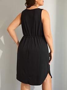 SHEIN LUNE Plus Drawstring Front Pocket Detail Asymmetrical Hem Dress - Black - View 2