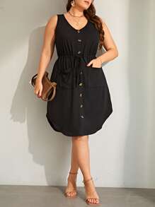 SHEIN LUNE Plus Drawstring Front Pocket Detail Asymmetrical Hem Dress - Black - View 4