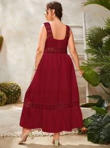 SHEIN Unity Plus Guipure Lace Insert Ruffle Hem Dress - Burgundy - View 2