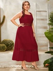 SHEIN Unity Plus Guipure Lace Insert Ruffle Hem Dress - Burgundy - View 3