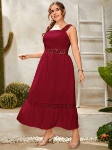 SHEIN Unity Plus Guipure Lace Insert Ruffle Hem Dress - Burgundy - View 4