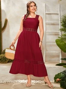 SHEIN Unity Plus Guipure Lace Insert Ruffle Hem Dress - Burgundy - View 5