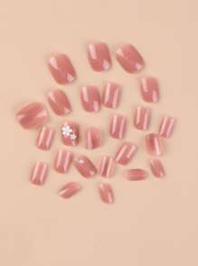 pinpai Elevate Your Style with 24pcs Short Oval Bean Paste Solid Floral Pattern Fake Nail & 1pc Nail File & 1sheet Tape - Pink - View 5