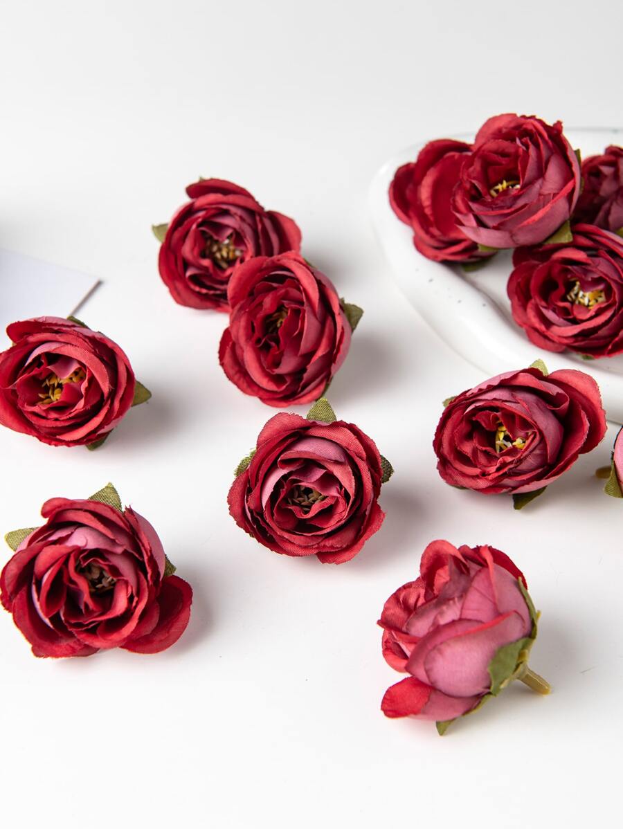 10入組人工玫瑰花頭和蕾絲DIY系統盒，適用於蛋糕裝飾，花圈材料，節日生日派對裝飾，婚禮新娘手腕花，手握物，家用鮮花店，花園，情人節禮物，新年裝飾材料 - 紅色 - 查看 1