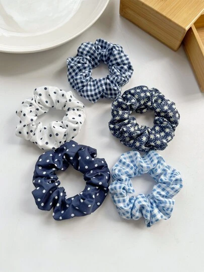 5 piezas Scrunchies para el cabello de mujer de 9 cm/3.54 pulgadas con estampado de lunares, cuadros y flores en azul marino, accesorios de moda versátiles, elegantes y minimalistas de alta gama con bandas elásticas, adecuados para salidas diarias, casual, fiesta, viajes, playa, coleta, moño, lavado de cara, maquillaje, combinación de atuendos