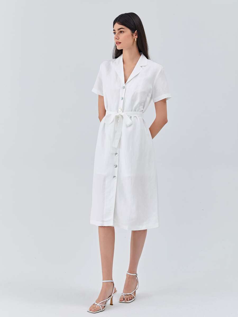 MOTF PREMIUM LINEN BELTED SHIRT DRESS - White - View 1