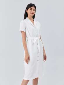 MOTF PREMIUM LINEN BELTED SHIRT DRESS - White - View 5