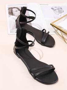 Zipper Back Ankle Strap Sandals - Black - View 1