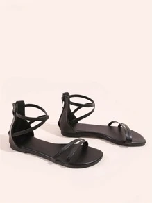 Zipper Back Ankle Strap Sandals - Black - View 3