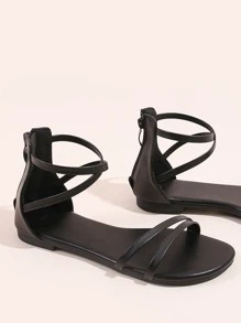 Zipper Back Ankle Strap Sandals - Black - View 4