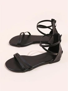 Zipper Back Ankle Strap Sandals - Black - View 6