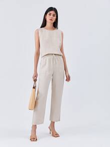 MOTF PREMIUM Áo sơ mi nữ Nút màu trơn Giải trí - Màu be - Xem 6