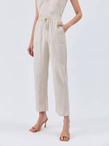 MOTF PREMIUM 100% LINEN DRAWSTRING WAIST TROUSERS - Beige - View 6