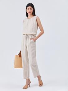 MOTF PREMIUM 100% LINEN DRAWSTRING WAIST TROUSERS - Beige - View 9