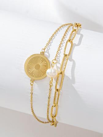 Round & Faux Pearl Decor Layered Bracelet