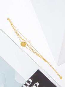 Round & Faux Pearl Decor Layered Bracelet - Yellow Gold - View 2