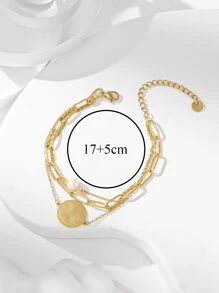 Round & Faux Pearl Decor Layered Bracelet - Yellow Gold - View 3