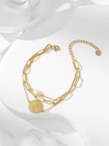 Round & Faux Pearl Decor Layered Bracelet - Yellow Gold - View 4