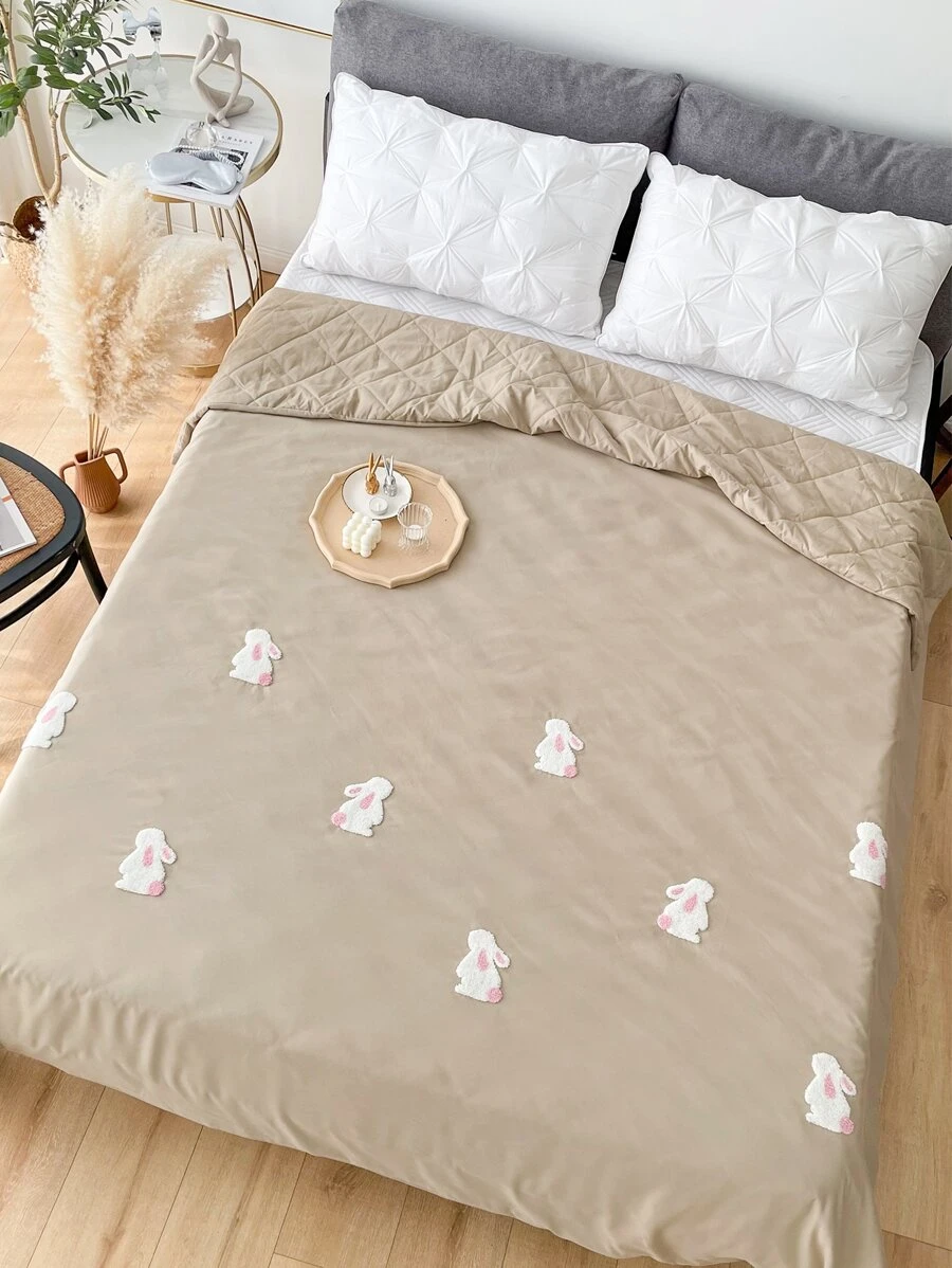 1pc Rabbit Patch Decor Bedspread - Khaki - View 1