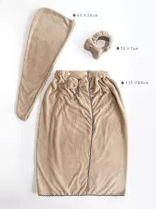 3pcs Women Coral Fleece Bathrobe Set (Bathrobe + Hair Drying Cap + Headband), Brown - Brown - View 7