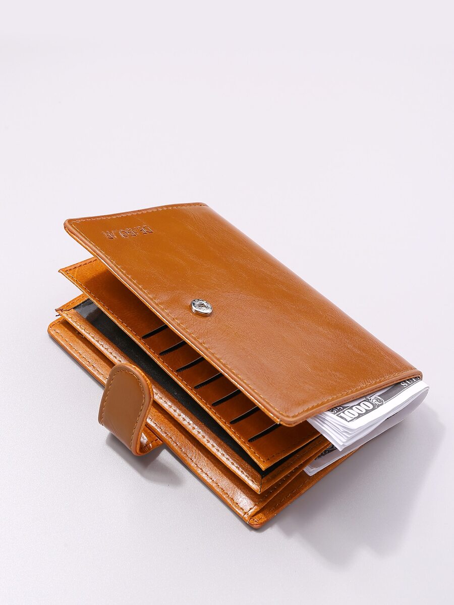 字母壓紋按扣短皮夾信用卡小錢包卡包雙折女士皮夾 - 棕色 - 查看 1