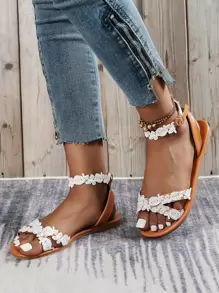 Guipure Lace Insert Ankle Strap Sandals - Brown - View 2