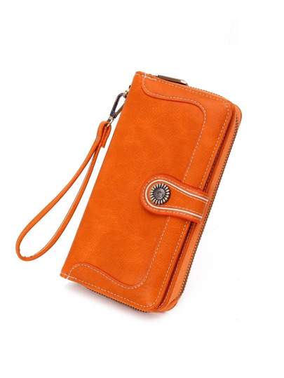 Retro Snap Button Long Wallet With Wristlet, Women's Fashion Artificial Leather Zipper Wallet With Multi Card Slots & Id Window