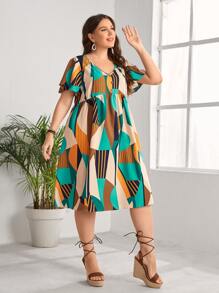 EMERY ROSE 大碼幾何和條紋圖案蝴蝶袖連衣裙 - 彩色 - 查看 3