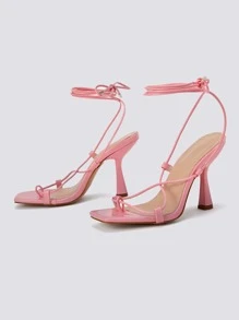 Women Faux Pearl Decor Chunky Heeled Ankle Strap Sandals, Glamorous Green Satin Sandals - Baby Pink - View 3