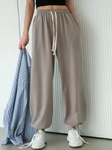 DAZY Drawstring Waist Slant Pocket Tapered Trousers - Grey - View 2