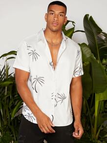 Manfinity RSRT Men Palm Tree Print Shirt Short Sleeve Button Up Graphic Vacation Casual Shirt For Boyfriend Gift - White - View 3