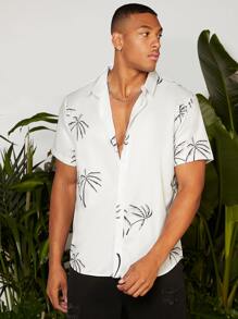 Manfinity RSRT Men Palm Tree Print Shirt Short Sleeve Button Up Graphic Vacation Casual Shirt For Boyfriend Gift - White - View 4