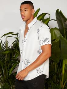 Manfinity RSRT Men Palm Tree Print Shirt Short Sleeve Button Up Graphic Vacation Casual Shirt For Boyfriend Gift - White - View 5