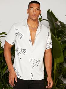Manfinity RSRT Men Palm Tree Print Shirt Short Sleeve Button Up Graphic Vacation Casual Shirt For Boyfriend Gift - White - View 6
