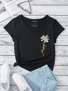 INAWLY Camiseta con estampado floral y letra - Negro - Ver 1