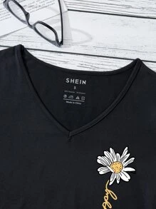 INAWLY Camiseta con estampado floral y letra - Negro - Ver 4