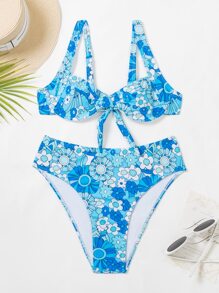 SHEIN Swim Summer Beach Floral Print Bikini Set Knot Back Underwire Bra Top & High Waist Bikini Bottom 2 Pieces Bikini - Blue - View 3