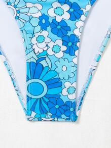 SHEIN Swim Summer Beach Floral Print Bikini Set Knot Back Underwire Bra Top & High Waist Bikini Bottom 2 Pieces Bikini - Blue - View 6