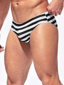 Manfinity Hombres Calzoncillo de natación con estampado de rayas - Blanco y Negro - Ver 1