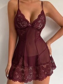 Classic Sexy Floral Lace Scallop Trim Babydoll Sexy Lingerie Dress With Thong - Maroon - View 1