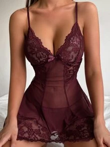 Classic Sexy Floral Lace Scallop Trim Babydoll Sexy Lingerie Dress With Thong - Maroon - View 4
