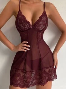 Classic Sexy Floral Lace Scallop Trim Babydoll Sexy Lingerie Dress With Thong - Maroon - View 5